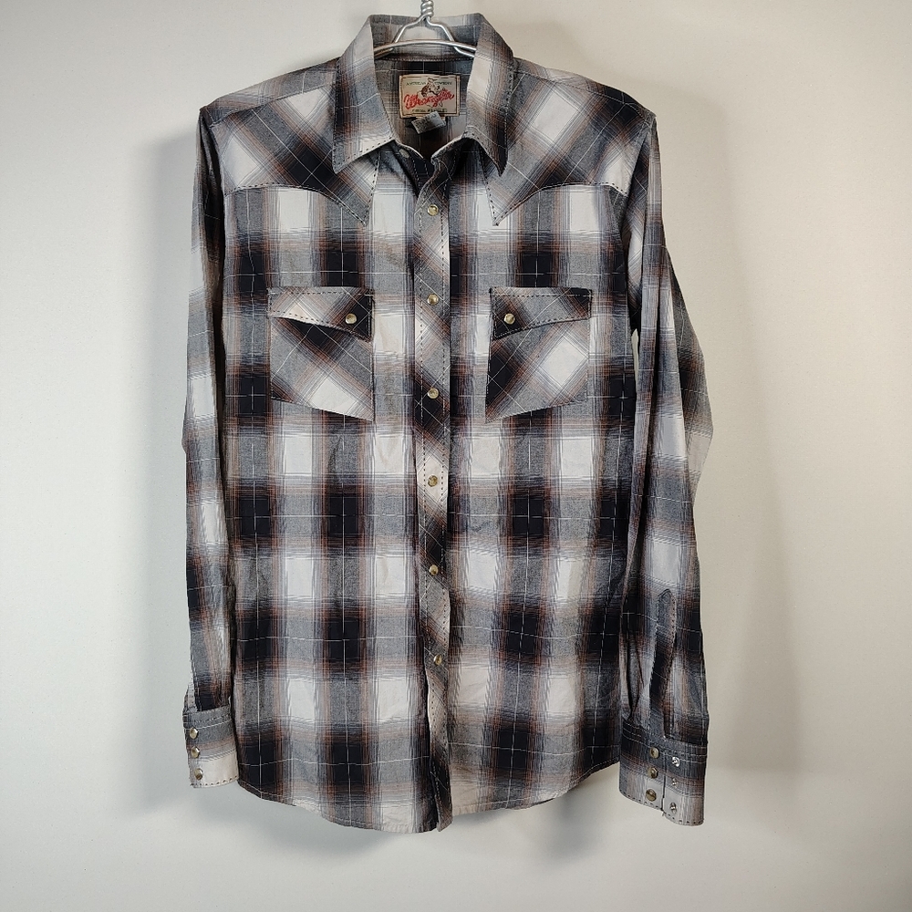 Wrangler Shirt Mens LT Brown Grey Plaid‎ Pearl Snap Western Cowboy Long Sleeve